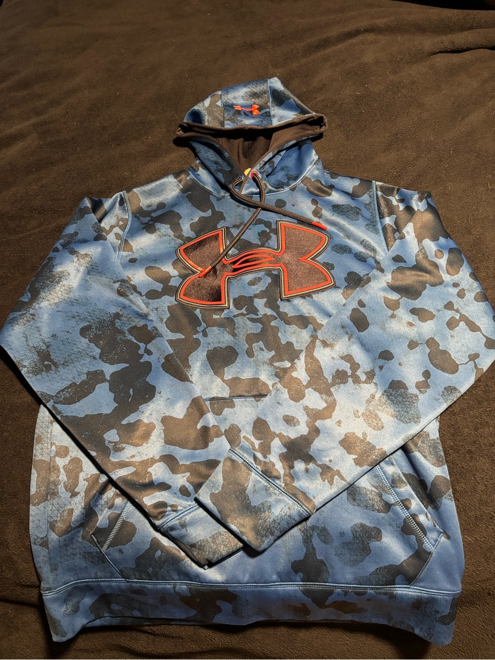 Under Armour Blue and Black Camo Hoodie with Orange Logo